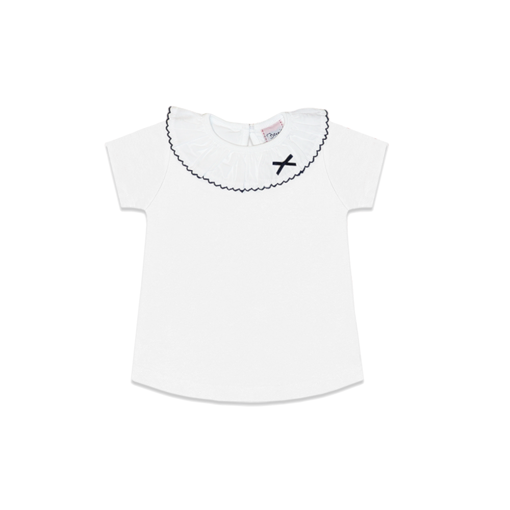 T-shirt branca de manga curta para bebé com gola decorativa e laço preto