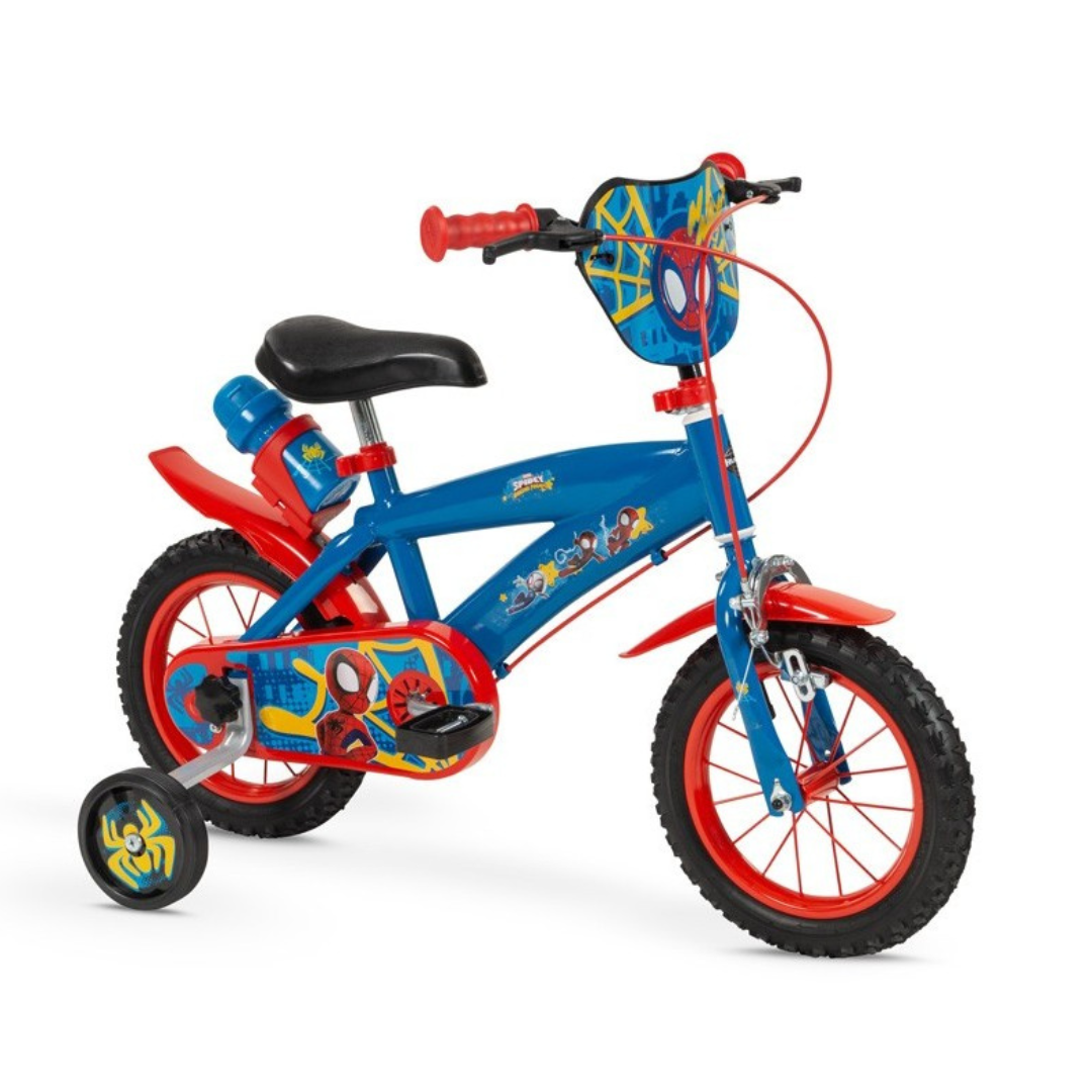 Bicicleta infantil azul com detalhes de Homem-Aranha e rodas de treino