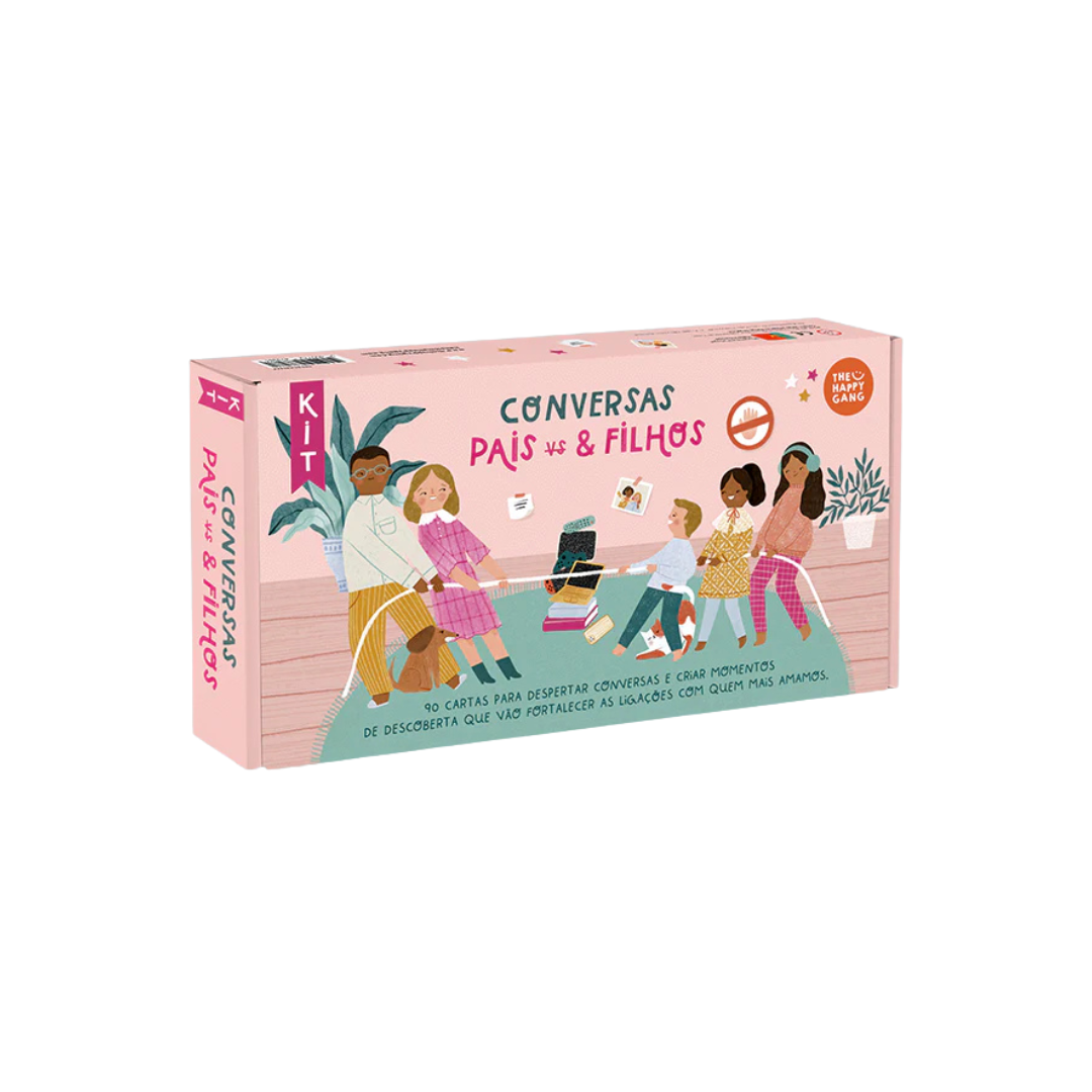 Caixa rosa de kit conversas pais versus filhos com ilustração e texto