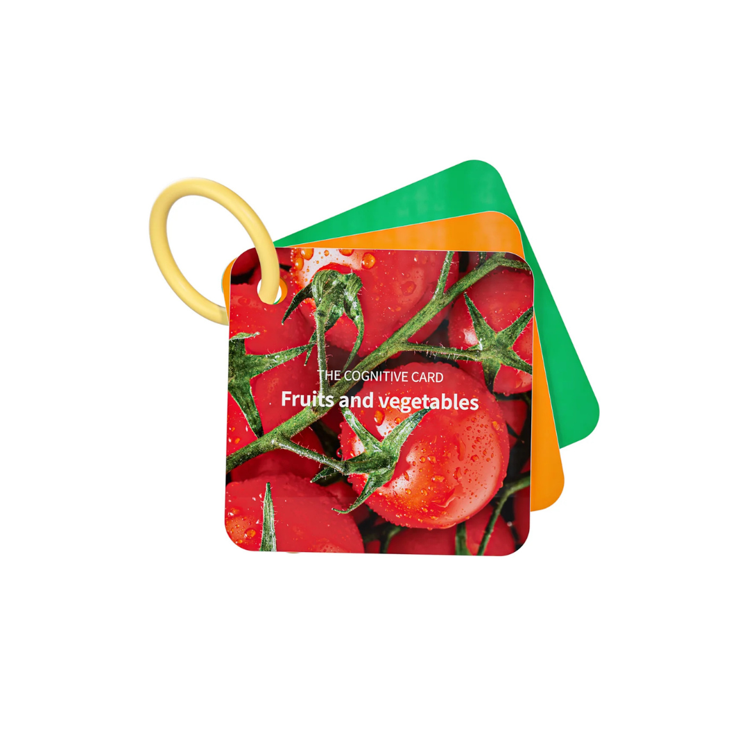 Cartões educativos coloridos com imagens e texto sobre frutas e vegetais