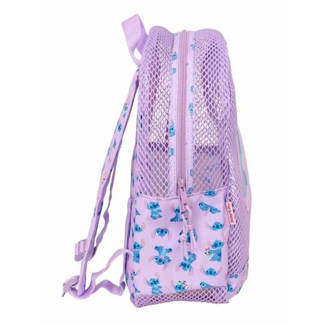 Mochila rosa lilás em tecido rede e poliéster com padrão Stitch