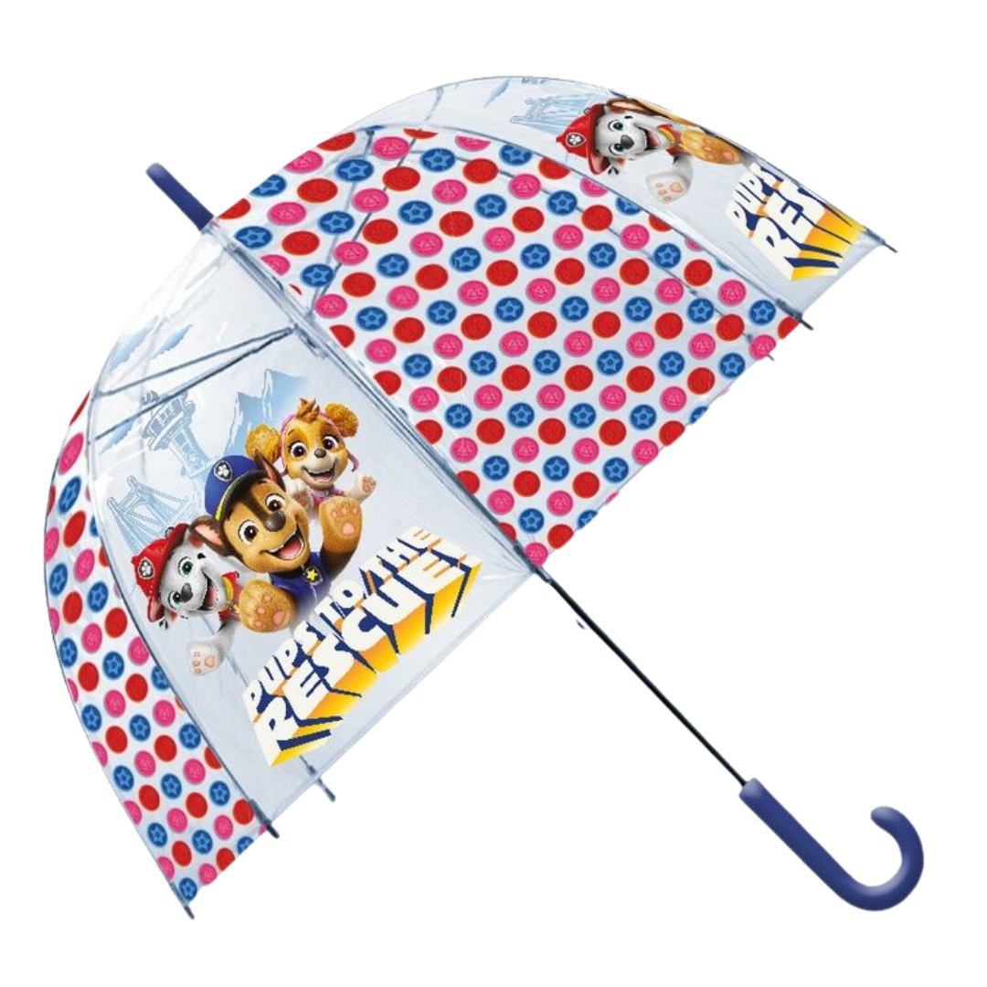 Guarda-chuva transparente com personagens de cães e padrão de círculos coloridos