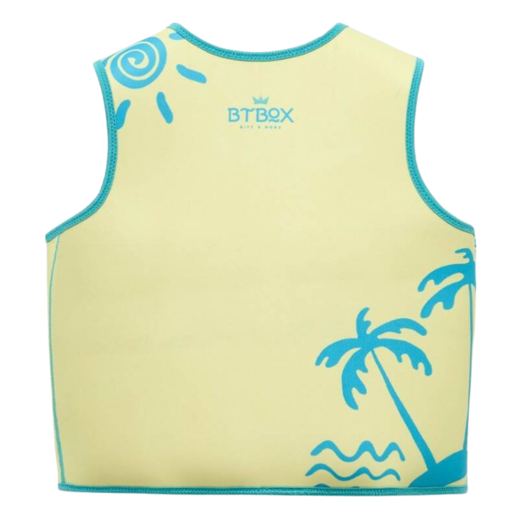 Colete amarelo com bordas e estampas azuis, texto BTBOX Crown no centro superior