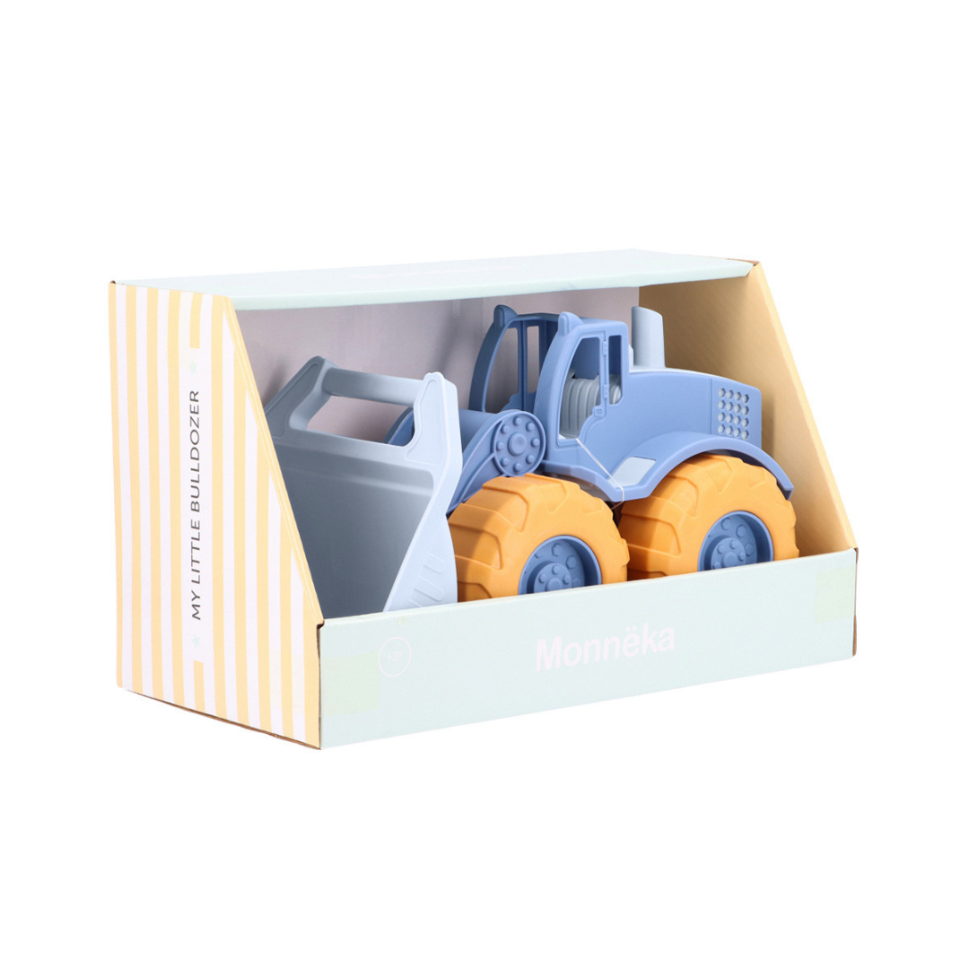 Brinquedo bulldozer em material plástico em caixa de cartão com design listrado e texto