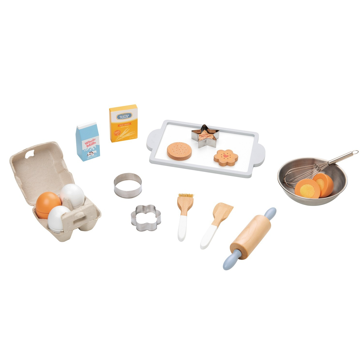 Conjunto de brinquedo de cozinha com utensílios e alimentos de madeira e metal sobre fundo branco.