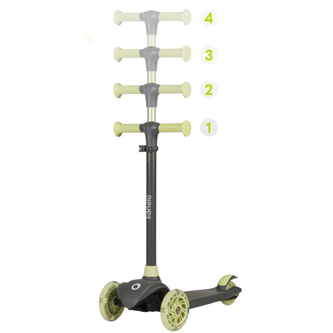 Trotinete infantil preta com detalhes em verde claro e guidão ajustável.