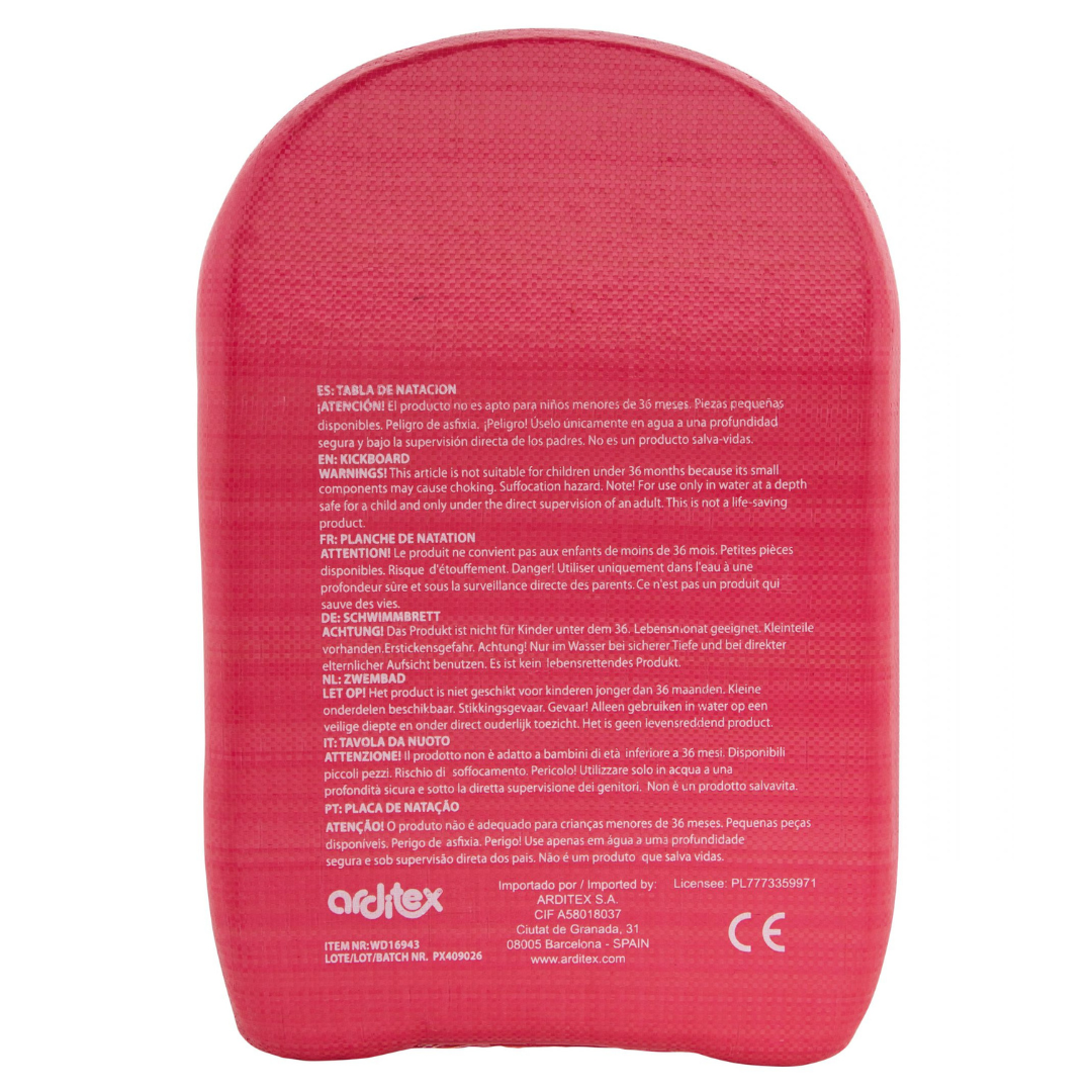 Prancha de natação rosa com texto de advertência multilíngue na parte traseira.