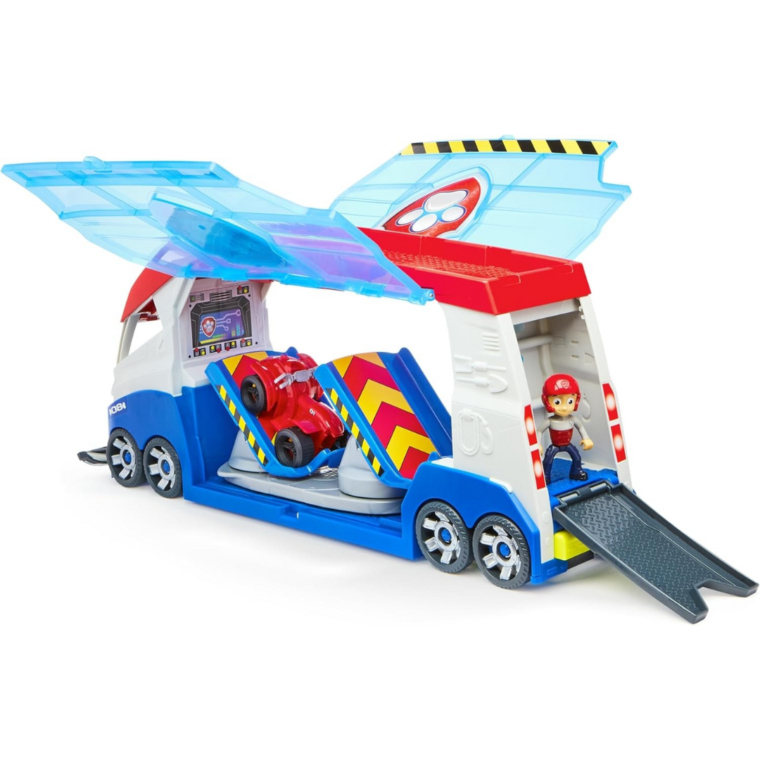 Brinquedo camião azul e vermelho com portas abertas e carrinho