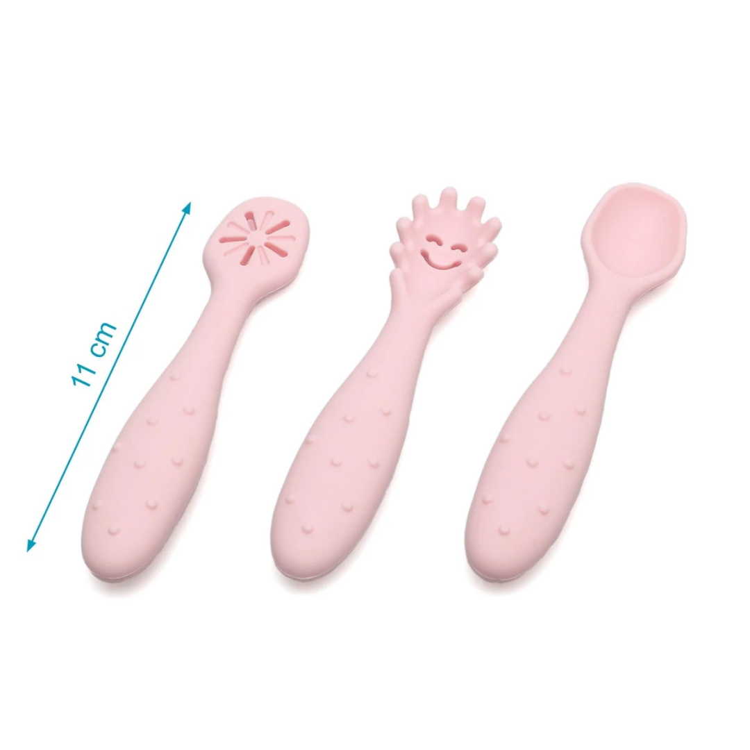 Três colheres de silicone cor-de-rosa com texturas e diferentes formas na parte da colher, tamanho 11 cm.