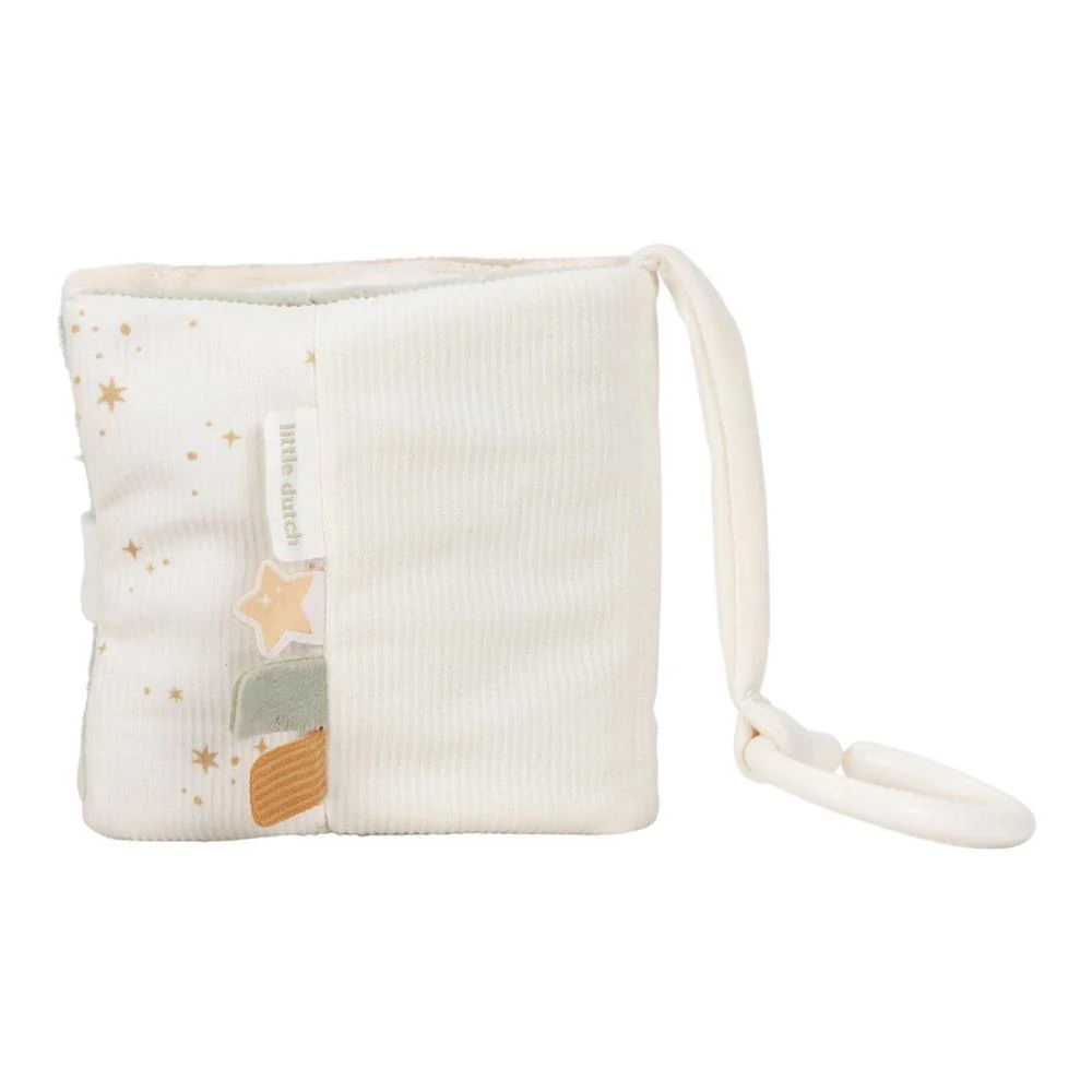 Livro de peluche creme com estrelas douradas e cordão para pendurar