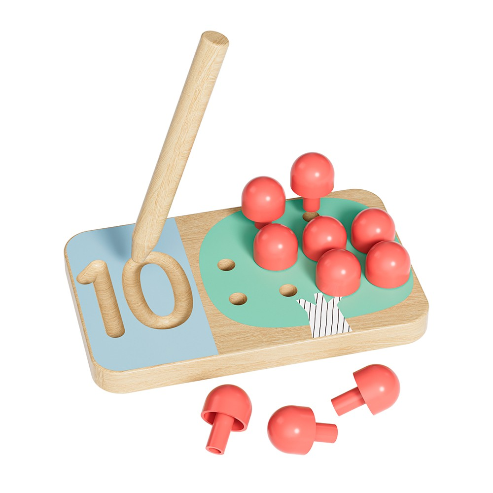 Jogo educativo de madeira com peças vermelhas em forma de cogumelos e base com número 10 e árvore desenhada