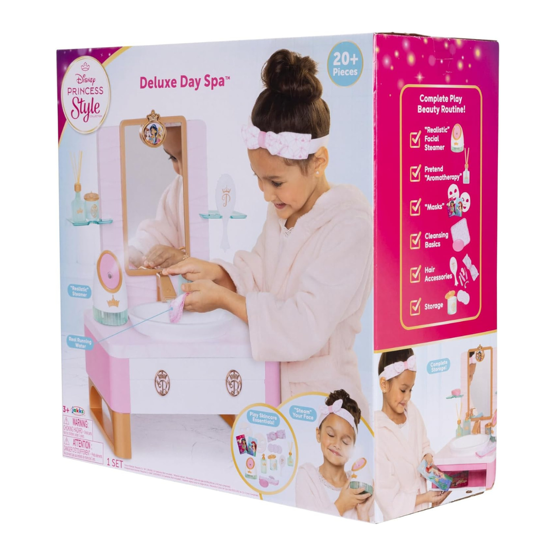 Caixa de conjunto infantil Deluxe Day Spa Disney Princess Style com lavatório rosa e branco e espelho
