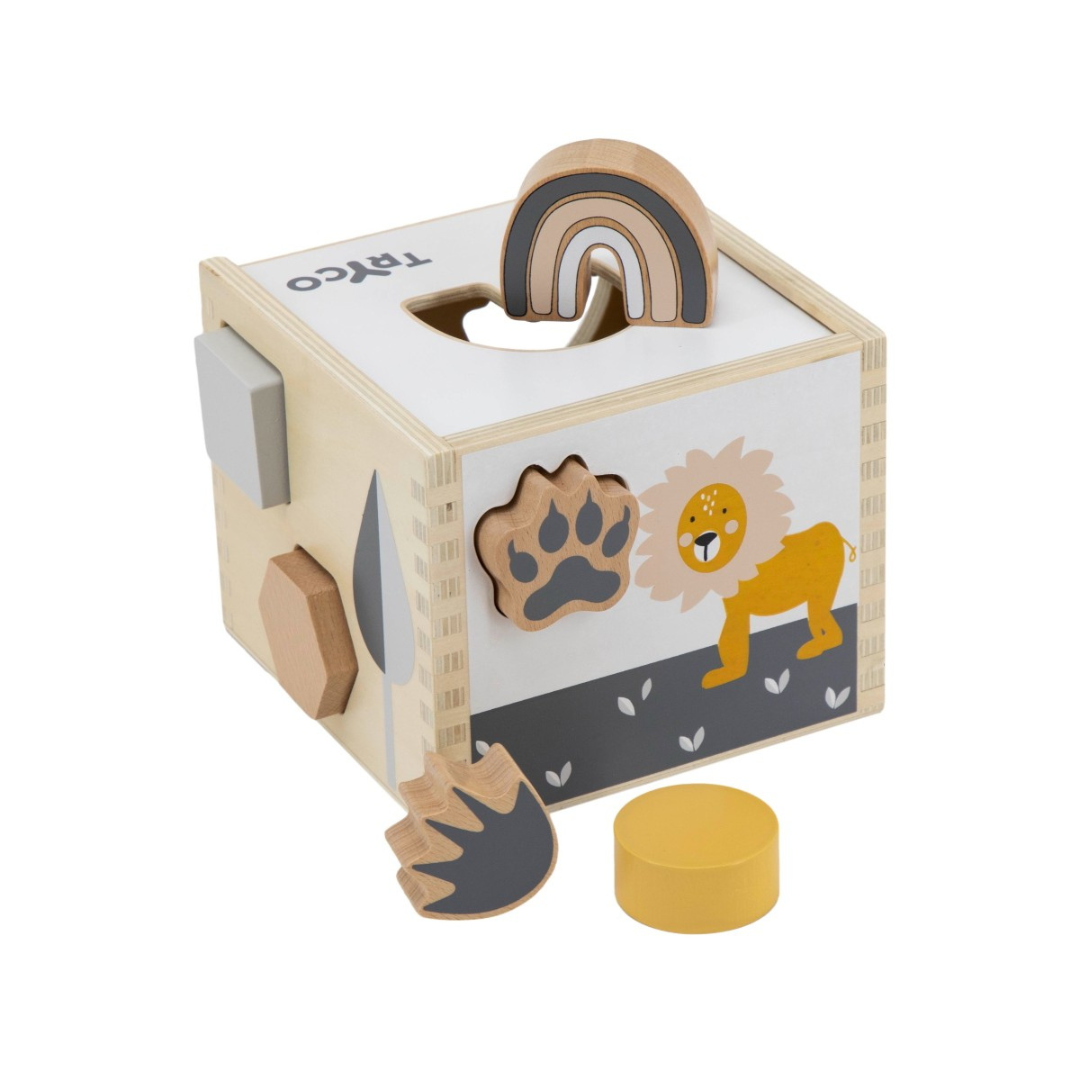 Brinquedo educativo em madeira com figuras de arco-íris e leão