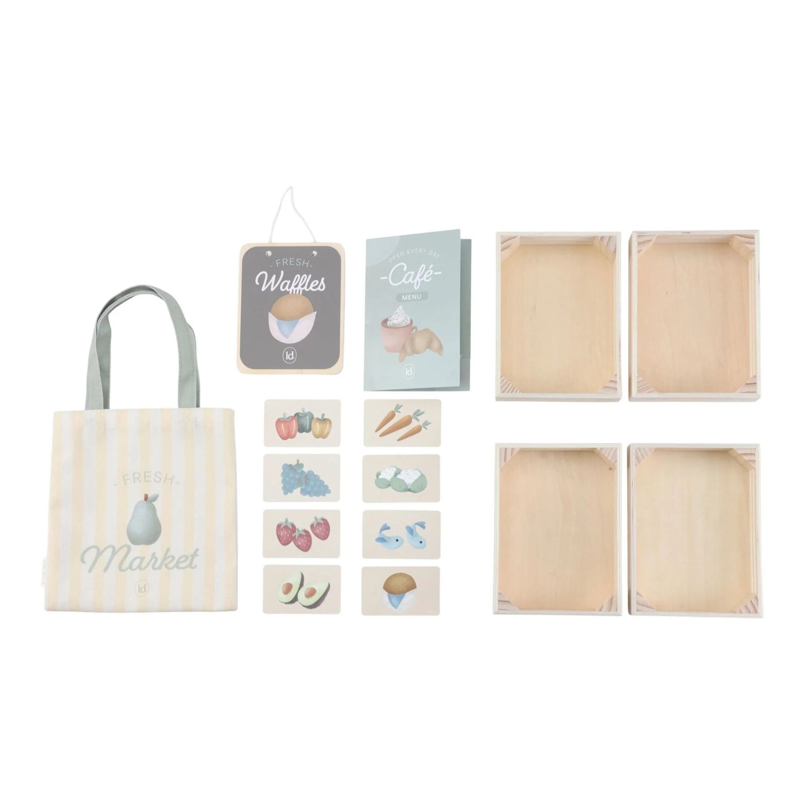 Conjunto de acessórios para loja de mercado com caixotes de madeira, sacola, placas e cartões coloridos