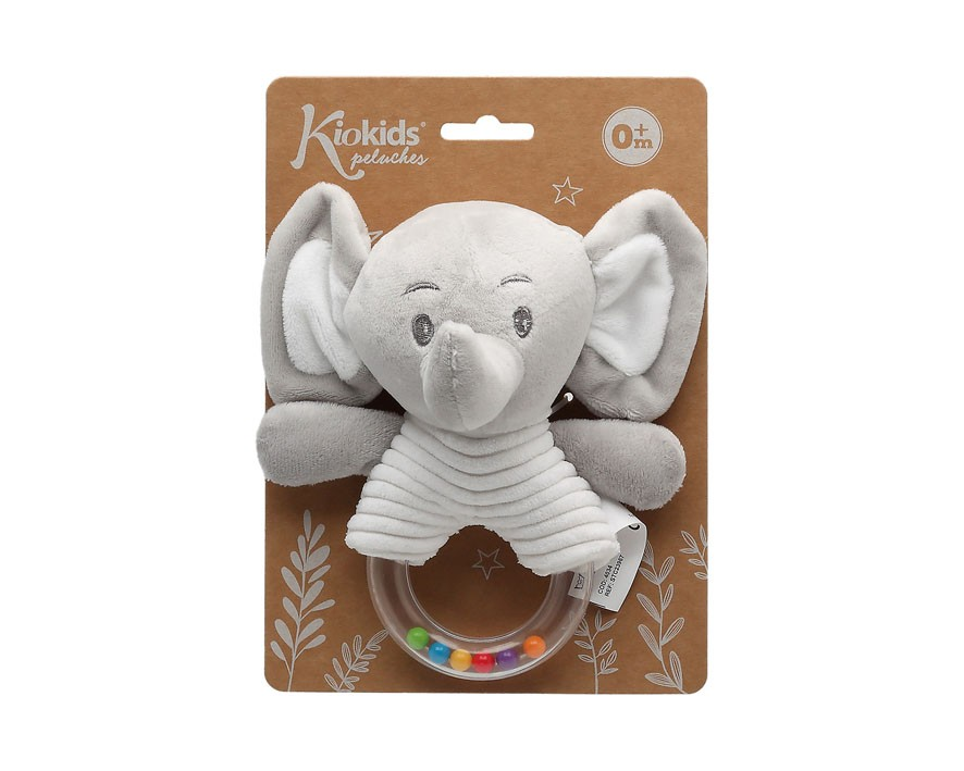 Brinquedo de peluche elefante cinzento com suporte circular e bola colorida, cartão Kyokids 0m+