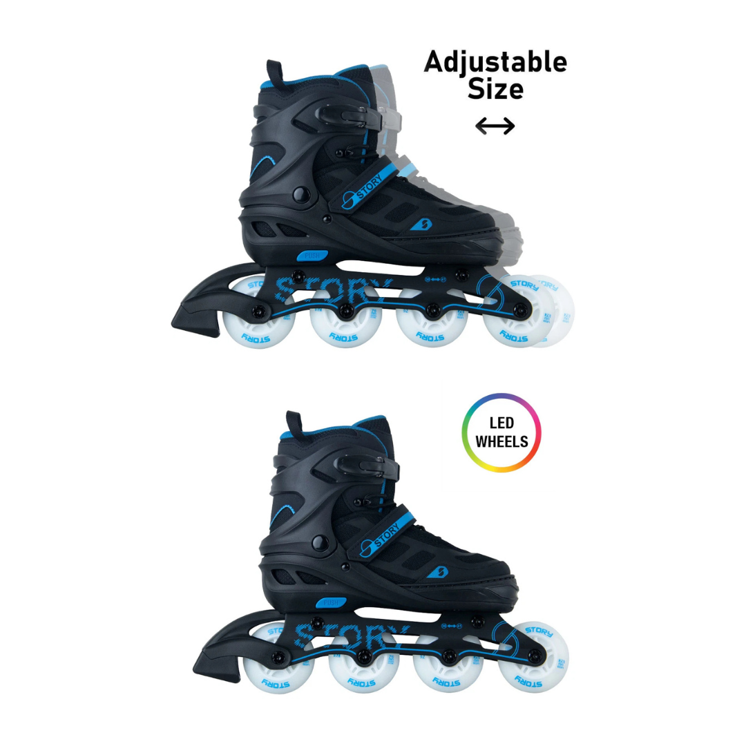 Patins em linha pretos com detalhes azuis, rodas brancas com escrita azul, indicados como tamanho ajustável e rodas com LED