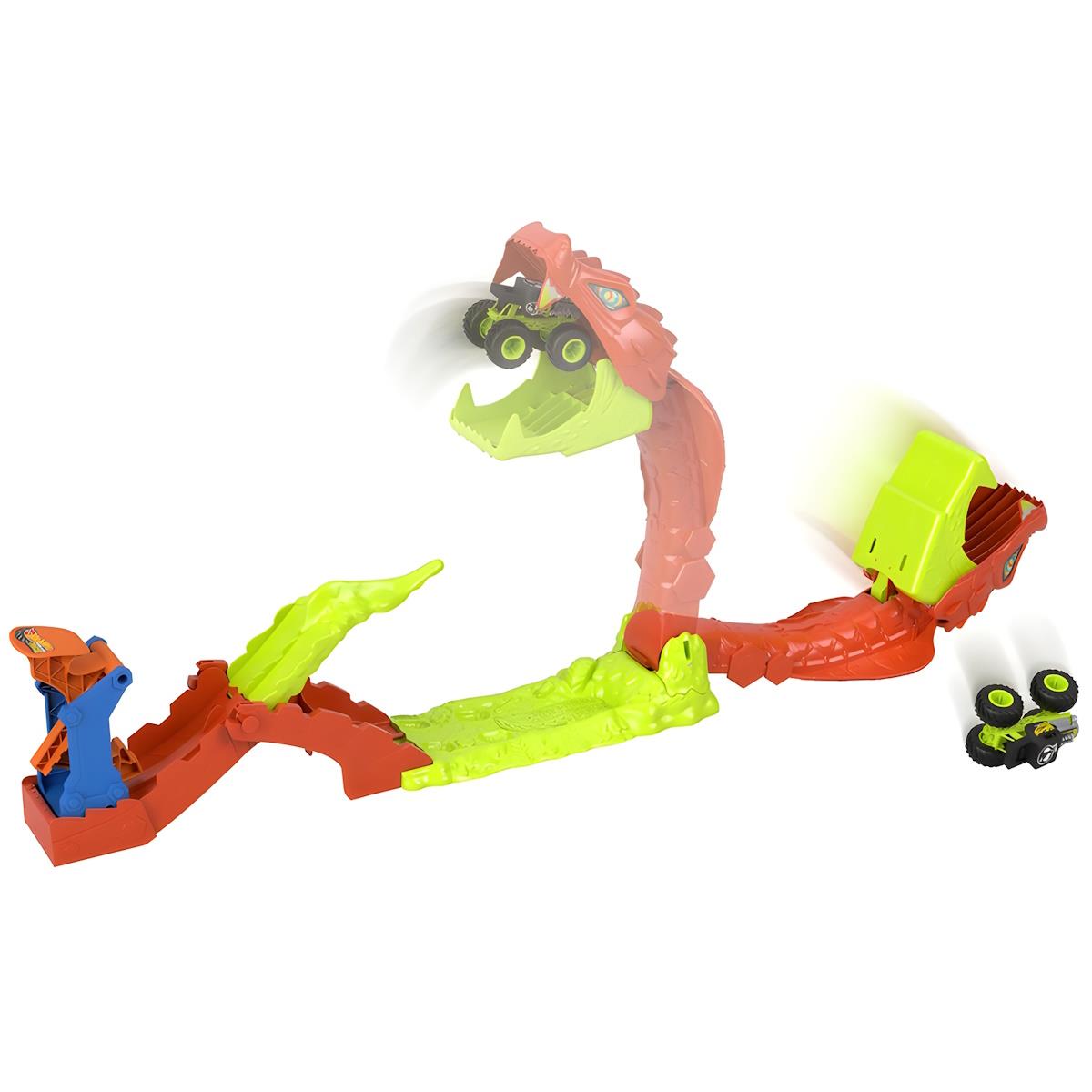 Brinquedo pista corrida cobra plástico laranja verde azul carro rodas verdes pretas