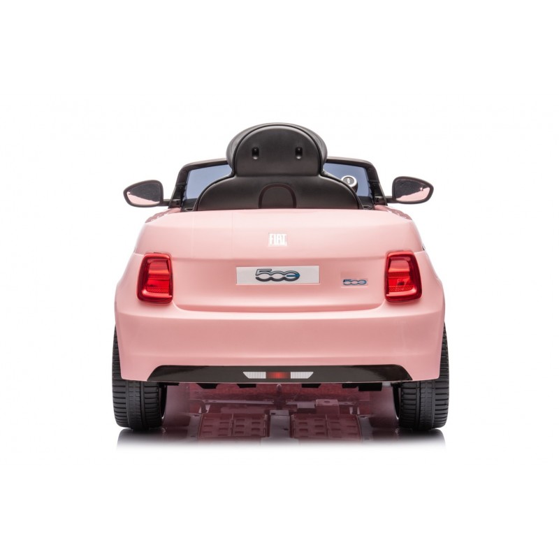 Carro elétrico infantil rosa visto de trás com banco preto e luzes vermelhas