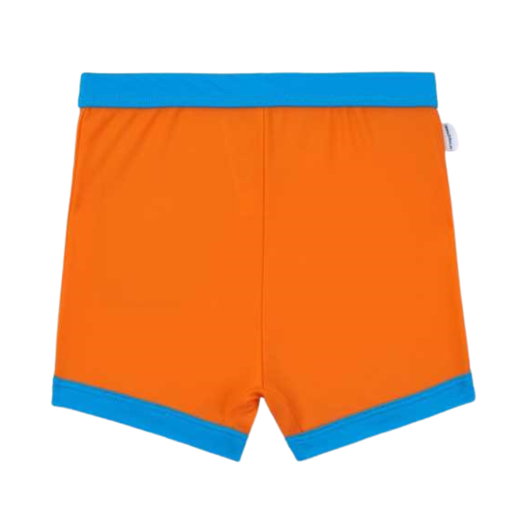 Calções de banho laranja com faixas azuis na cintura e nas bainhas.