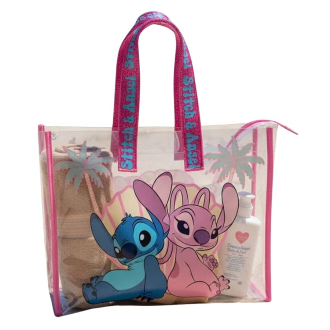 Saco transparente com personagens Stitch e Angel com pegas cor-de-rosa e texto azul