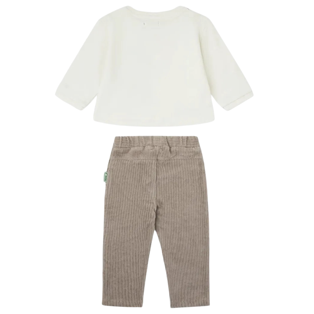 Conjunto infantil camisola branca manga comprida e calças bege caneladas