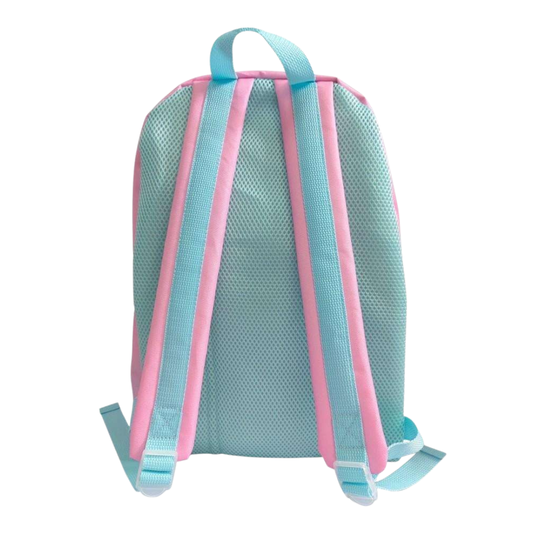 Mo mochila de costas azul claro e rosa com alças acolchoadas