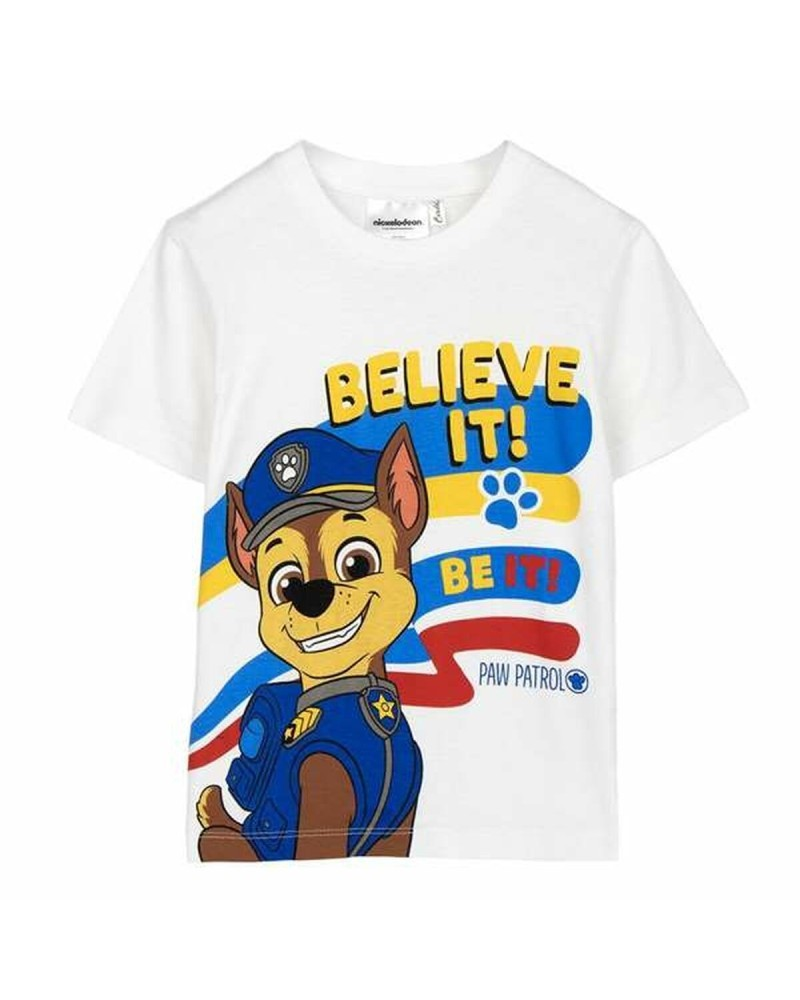 Camiseta branca com estampado do personagem Chase da Paw Patrol e texto colorido