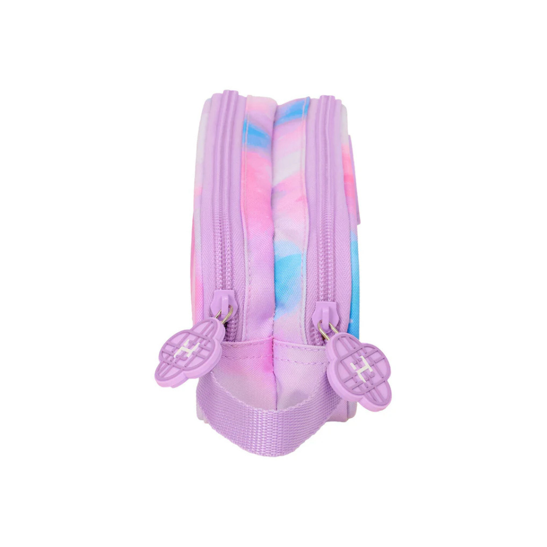 Estojos escolar colorido com dois compartimentos e zíper roxo.