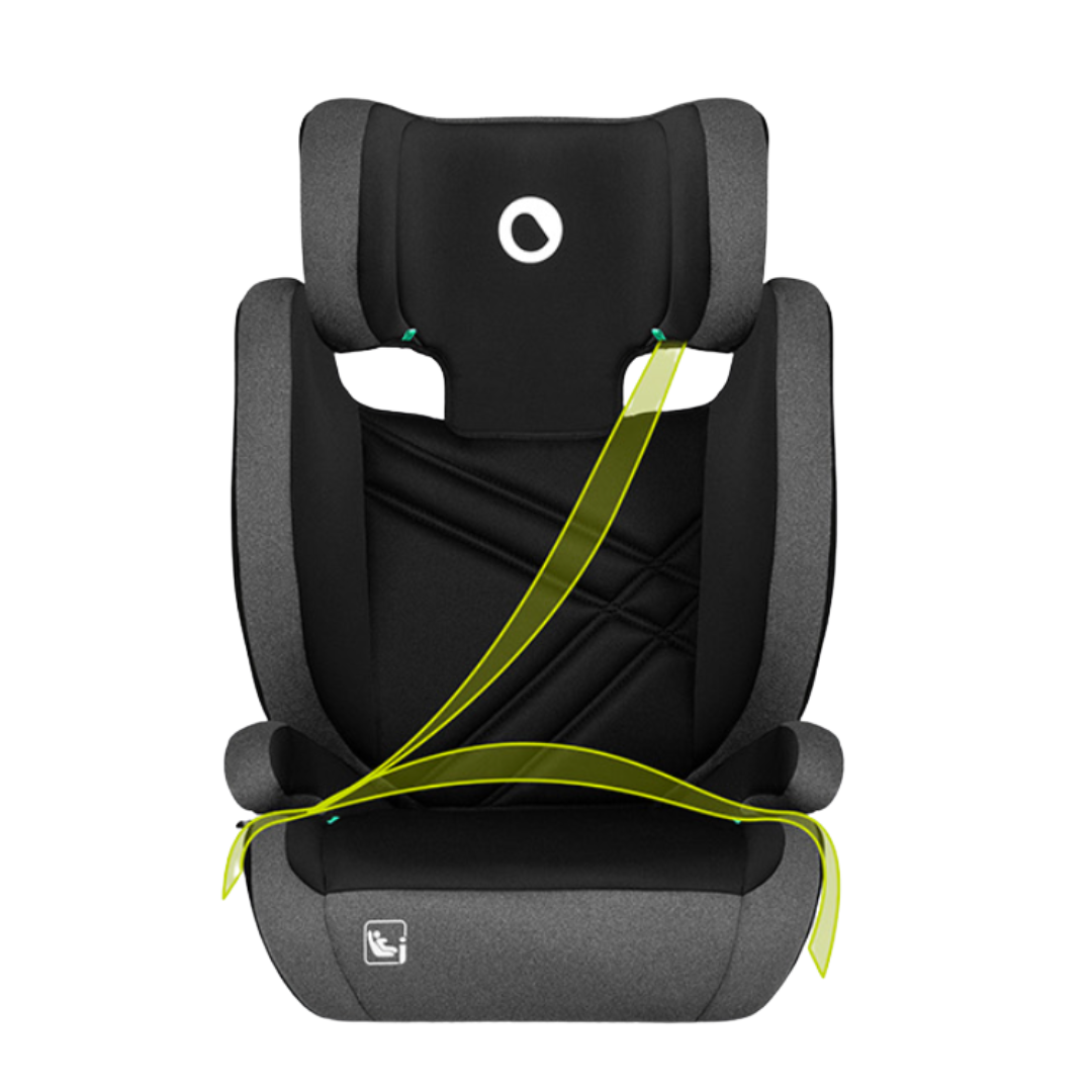 cadeira auto para crianças cinzento e preto com cinto segurança amarelo