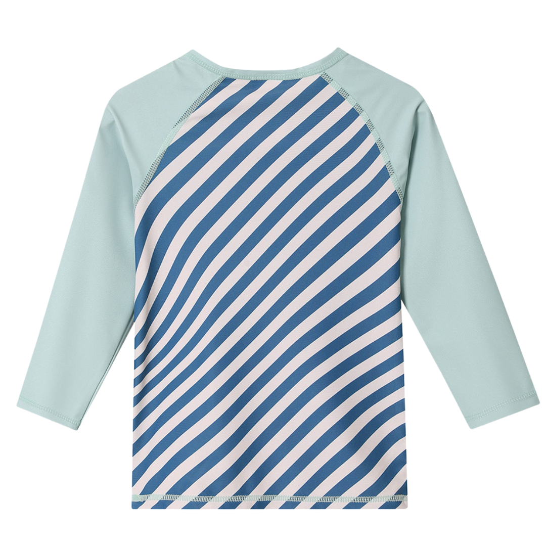 Camisola de manga comprida com riscas diagonais azul e branco e mangas azul claro