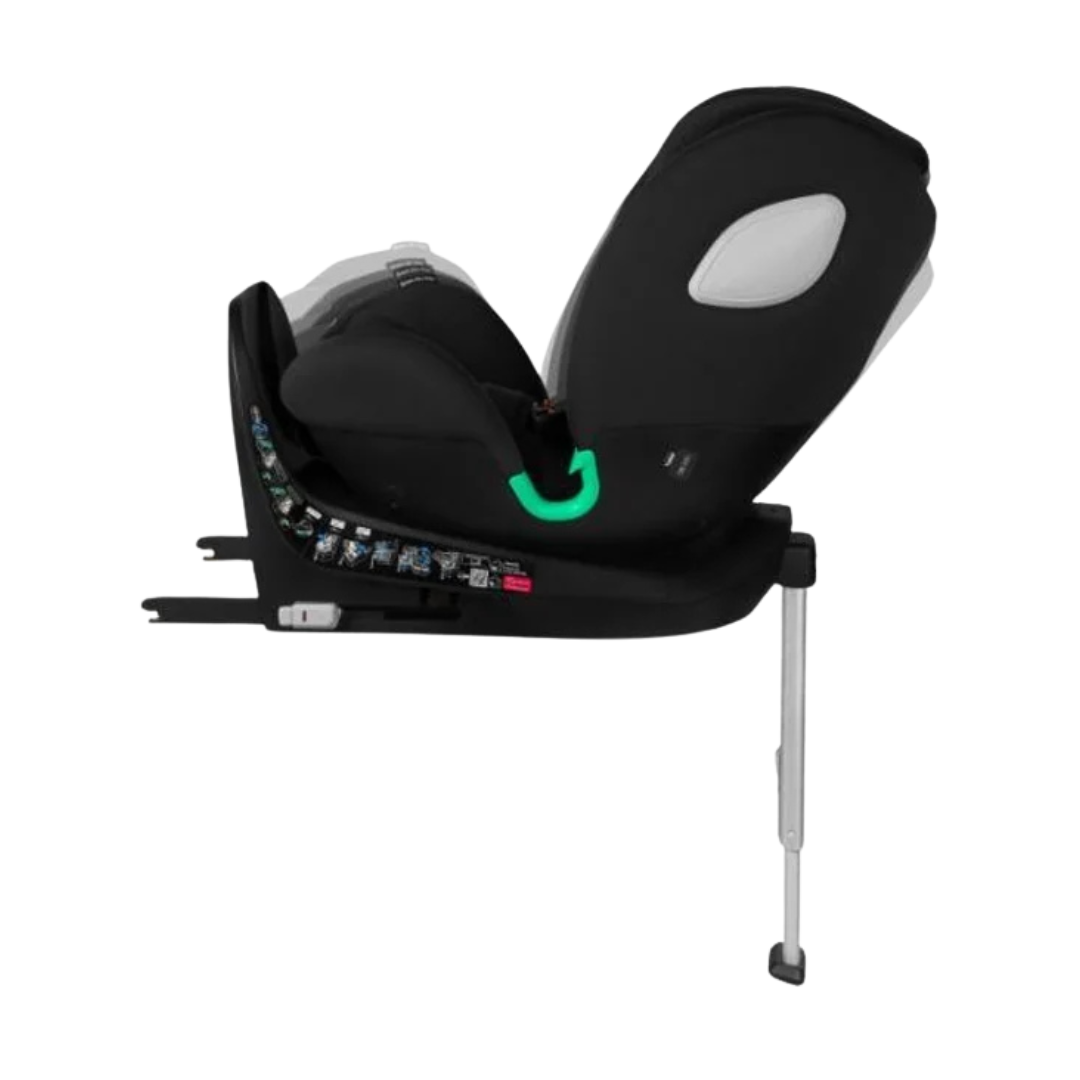 cadeira automóvel infantil preta com suporte ajustável e pega verde