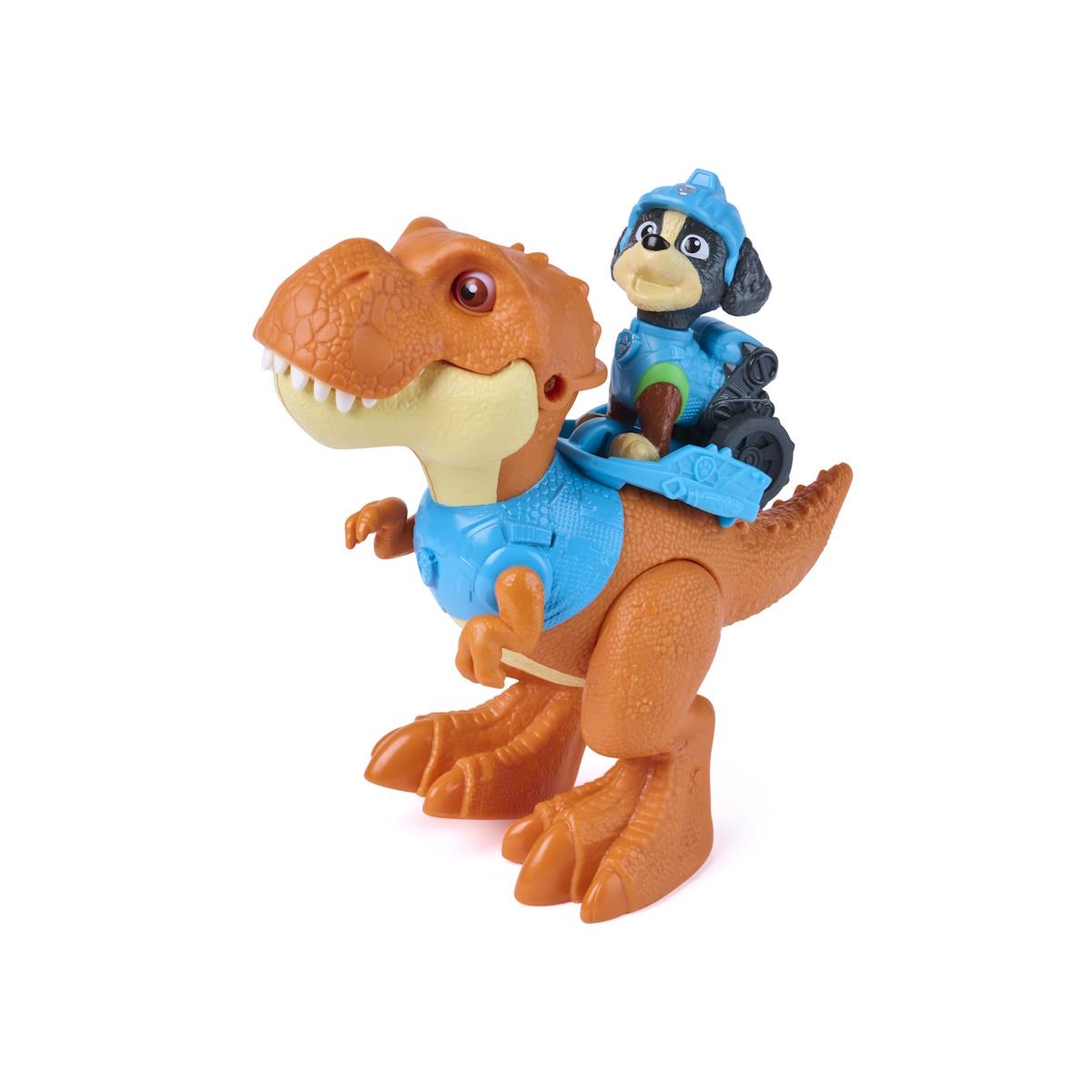 Boneco de dinossauro laranja com piloto cão azul