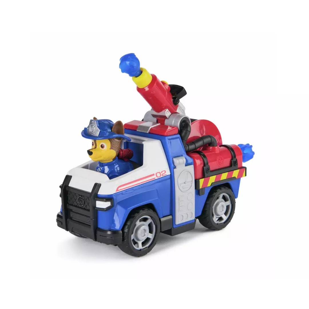 Brinquedo de carrinho azul, branco e vermelho com cão polícia a conduzir