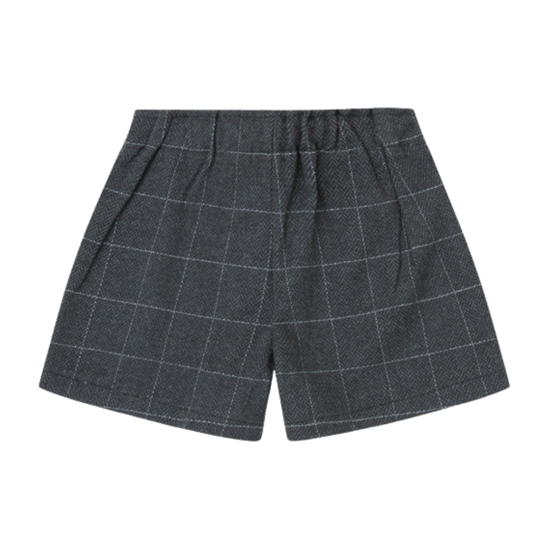 Calções cinzentos escuros com padrão espinha de peixe e riscas brancas