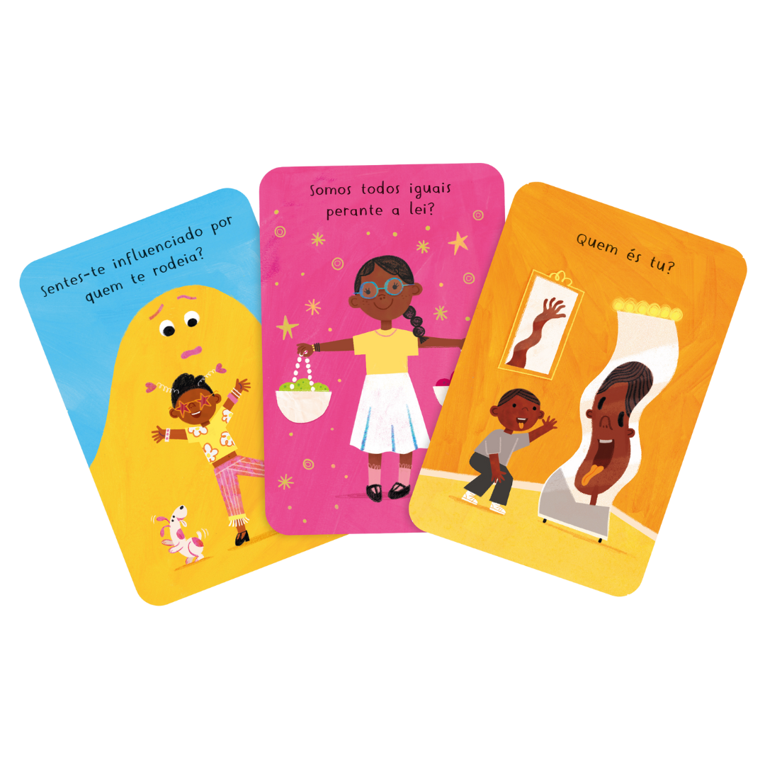 Três cartas ilustradas coloridas com perguntas em português e crianças desenhadas.