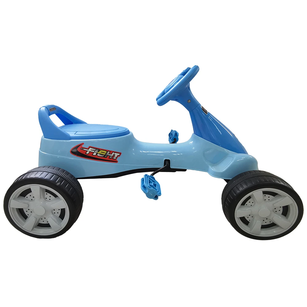 Carrinho infantil azul de plástico com volante e pedais azuis