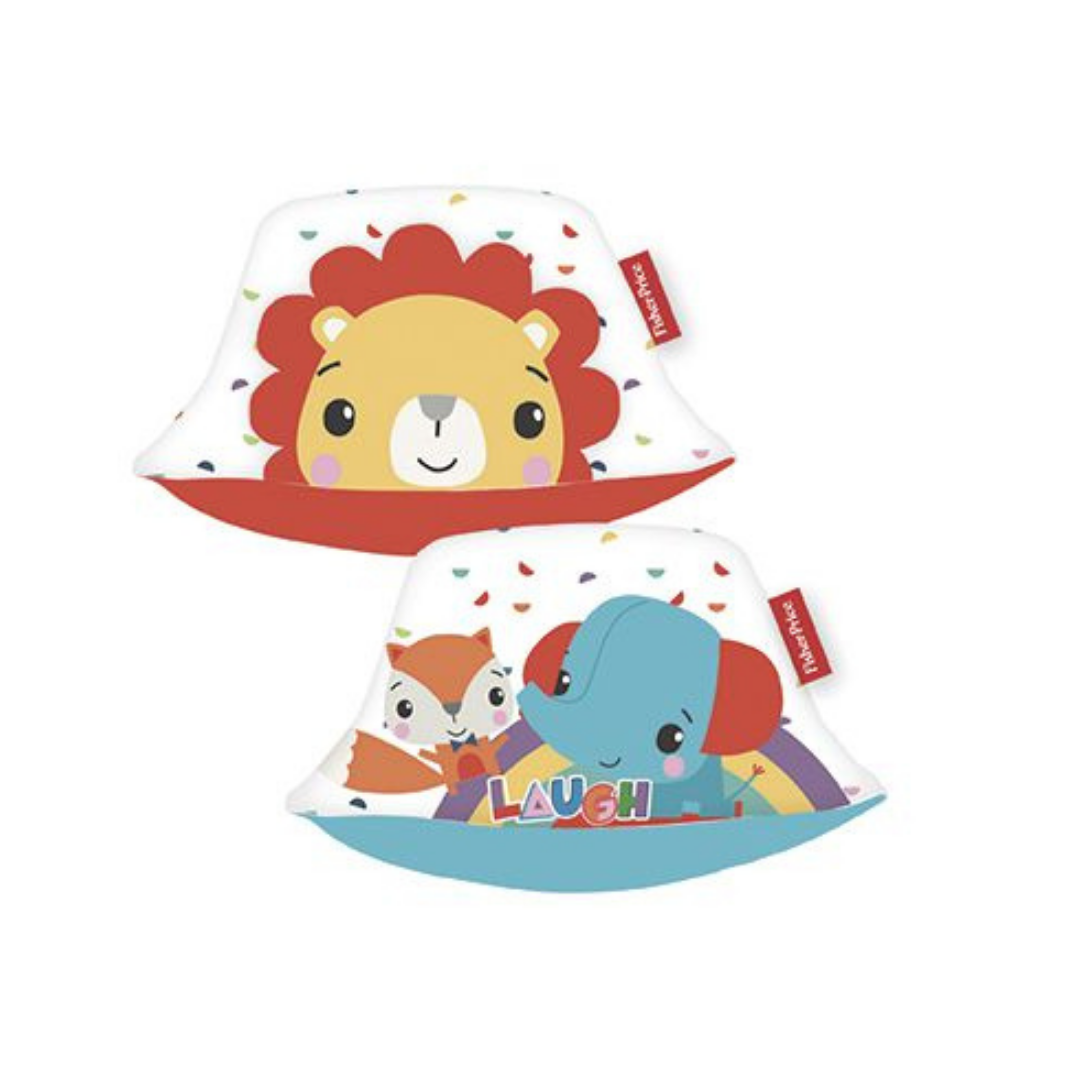Dois chapéus infantis com desenhos de leão, elefante e raposa e palavra 'LAUGH'