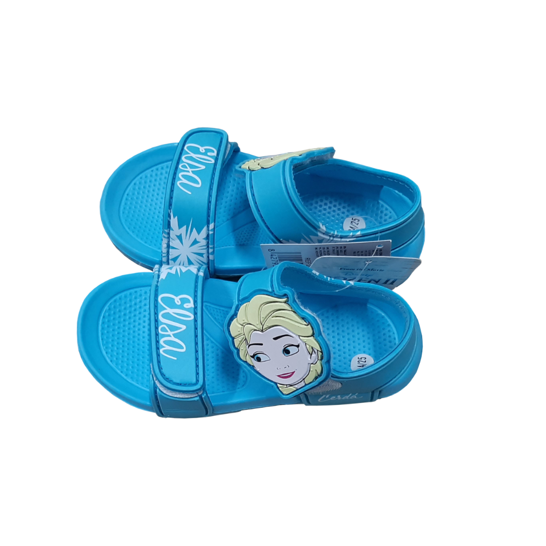 Sandálias azuis de criança com personagem Elsa e detalhes de flocos de neve