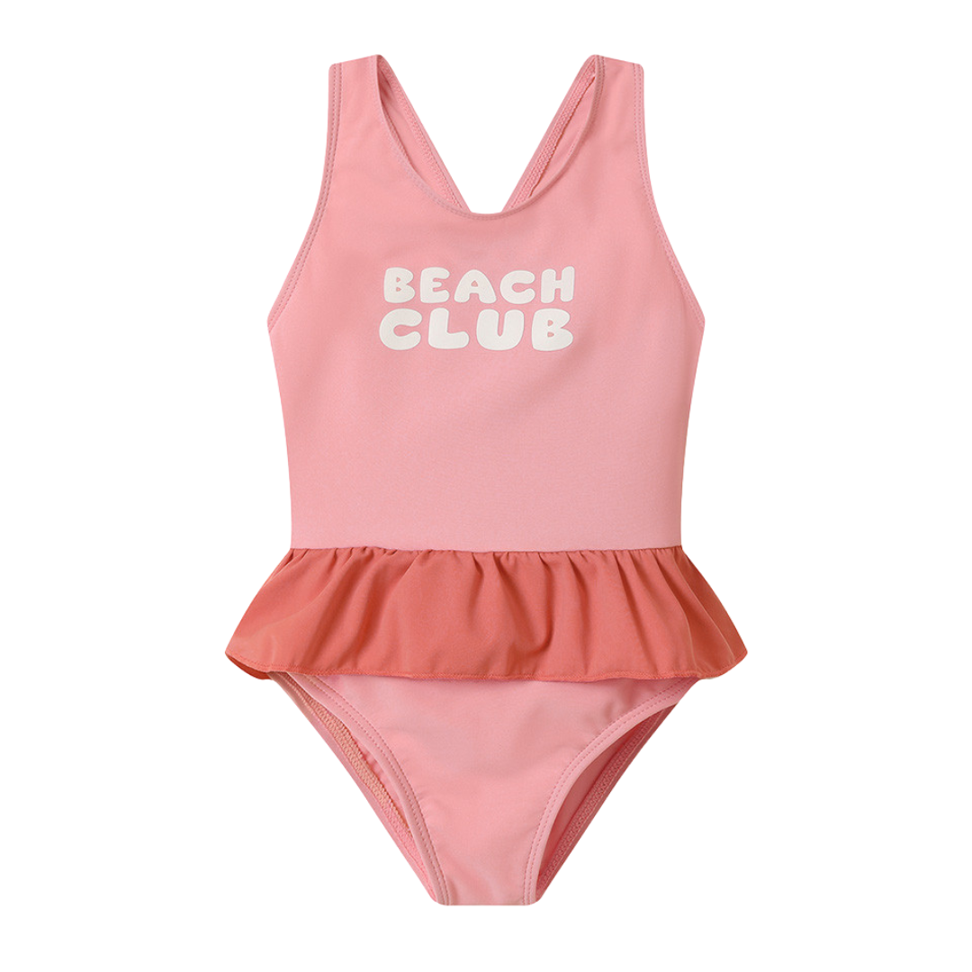 Fato de banho infantil rosa com saia e texto Beach Club