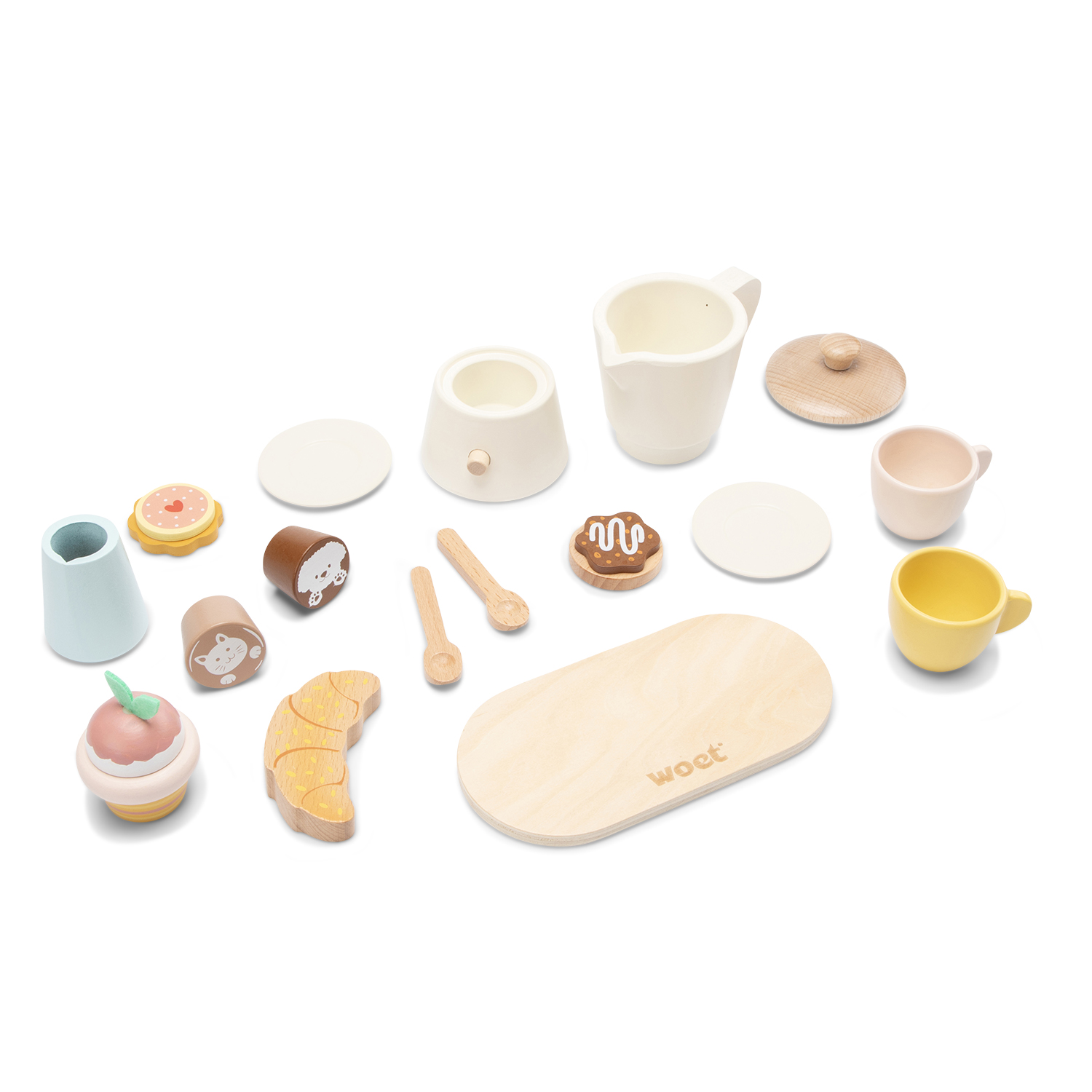 Conjunto de brinquedos de chá em madeira coloridos e decorados