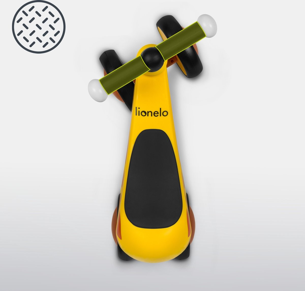 Patinete infantil amarelo Lionelo com assento preto e guiador verde