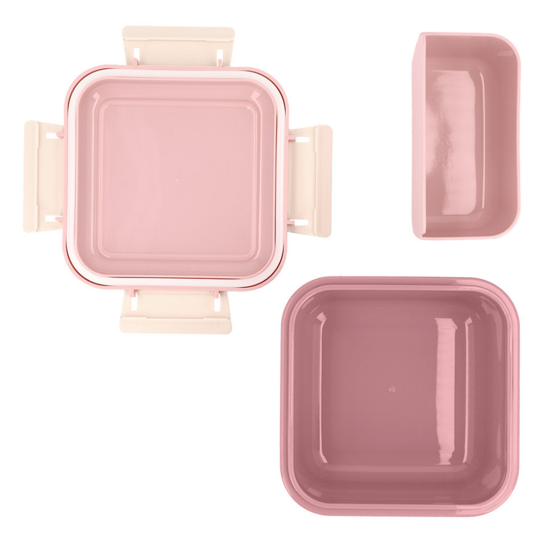 Conjunto de recipientes quadrados rosa com tampas creme, separado em fundo branco