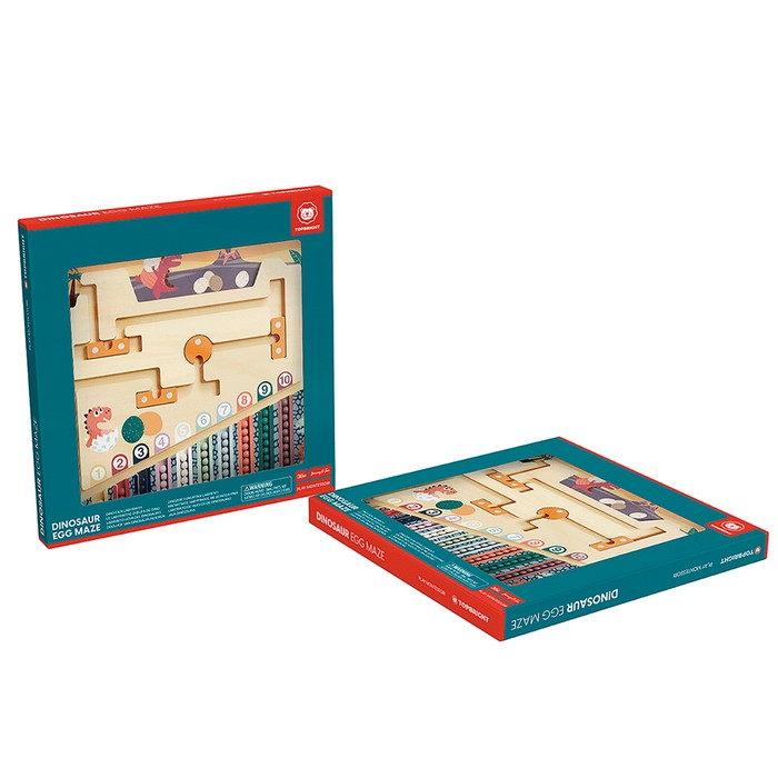 Caixa azul e vermelho com puzzle de madeira e labirinto de ovos de dinossauro