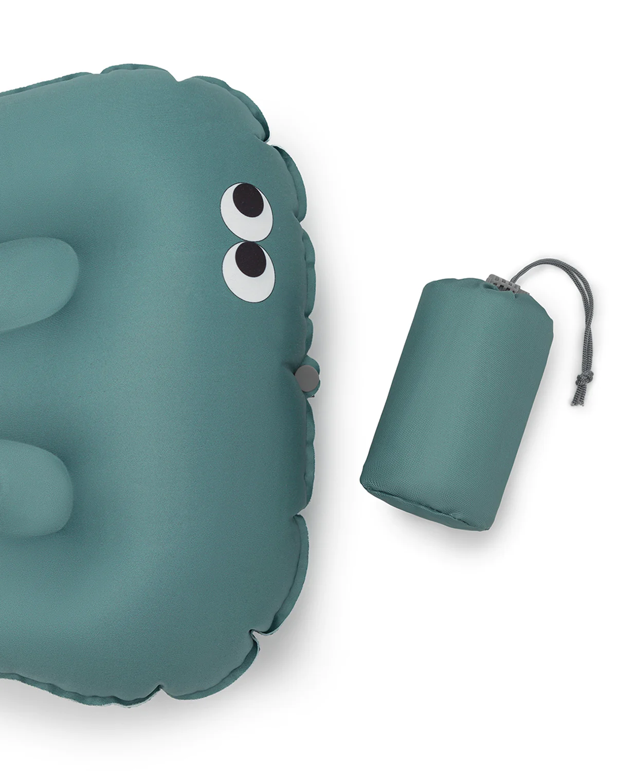 Travesseiro insuflável verde-azulado com olhos e bolsa de transporte