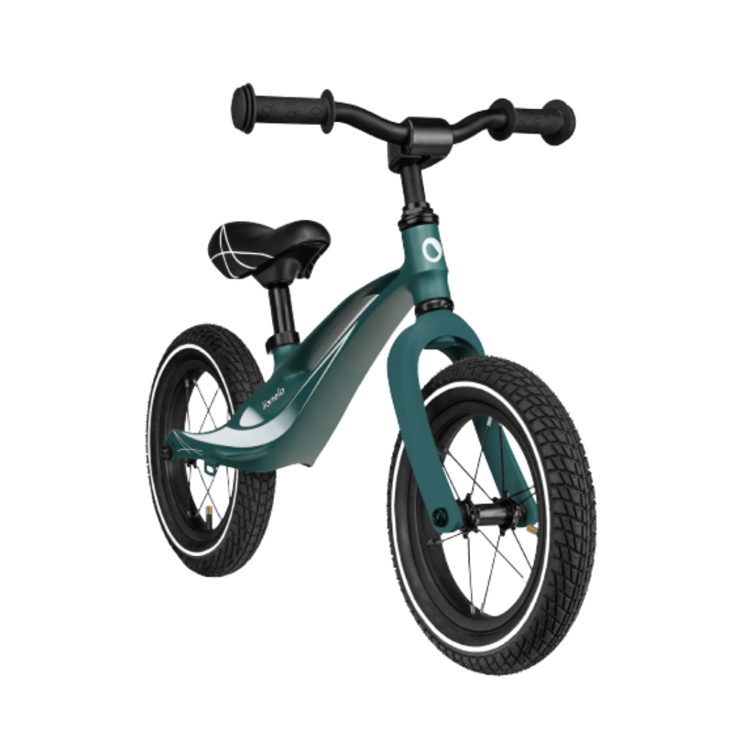 Bicicleta de equilíbrio para crianças verde escuro com pneus pretos e detalhes brancos