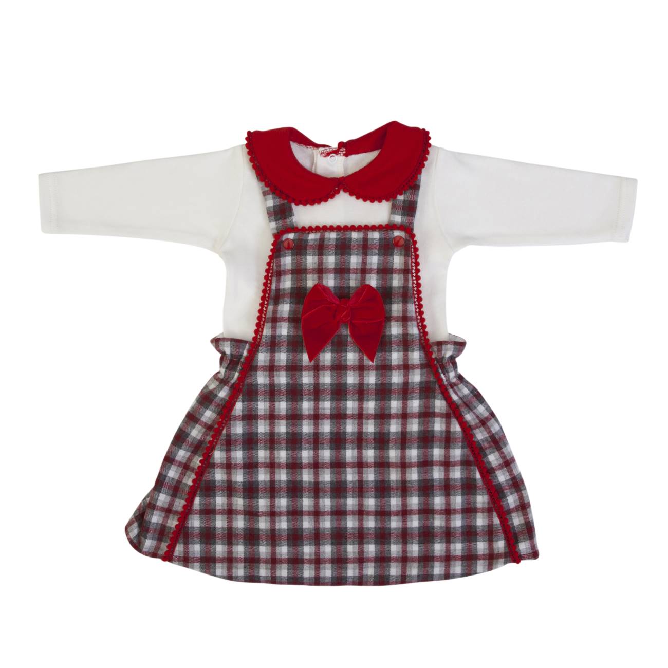 Vestido de bebé branco com gola vermelha e vestido xadrez vermelho e cinza com laço vermelho
