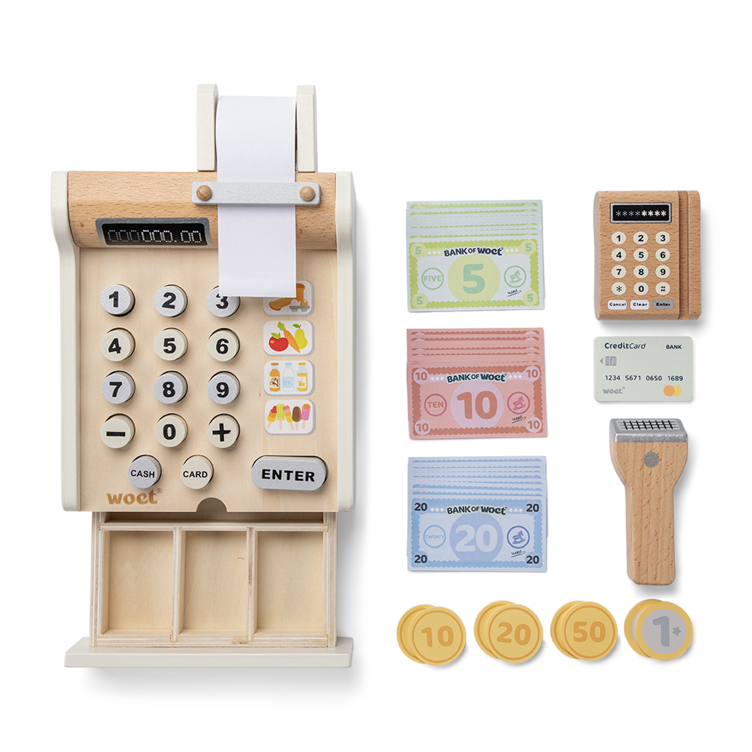 Brinquedo de caixa registadora de madeira com acessórios de notas, moedas, cartão e leitor