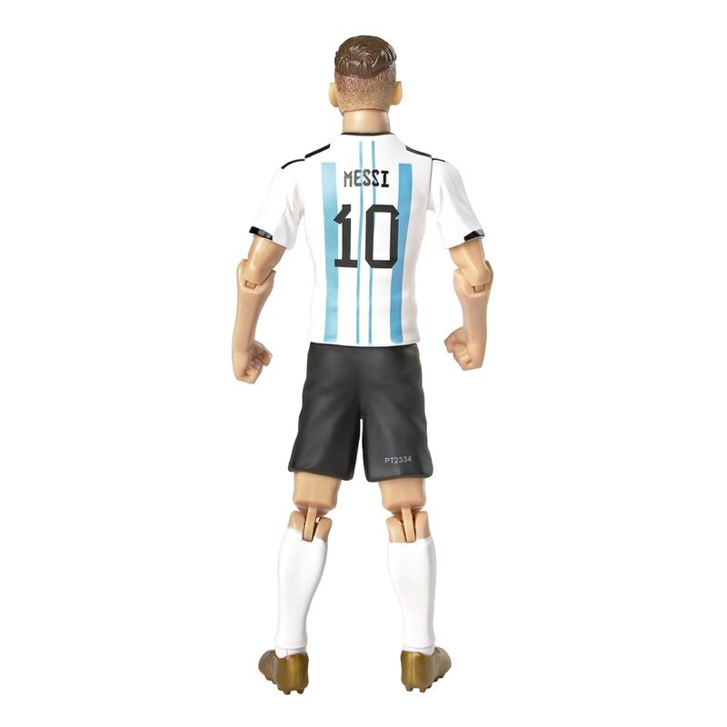 Boneco articulado de jogador de futebol com camisola branca azul e preta com nome MESSI e número 10