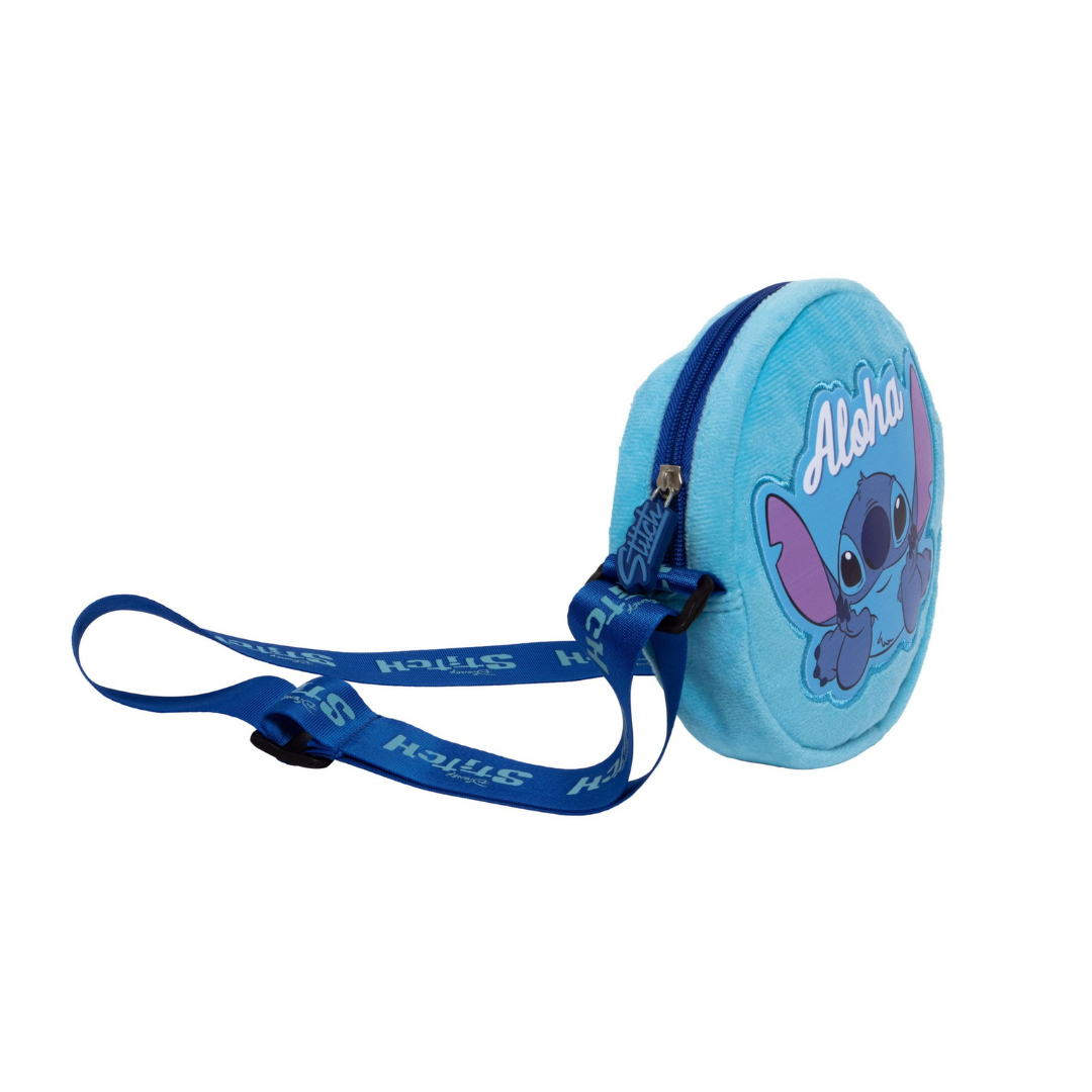 Bolsa redonda azul claro com personagem Stitch e texto 'Aloha'