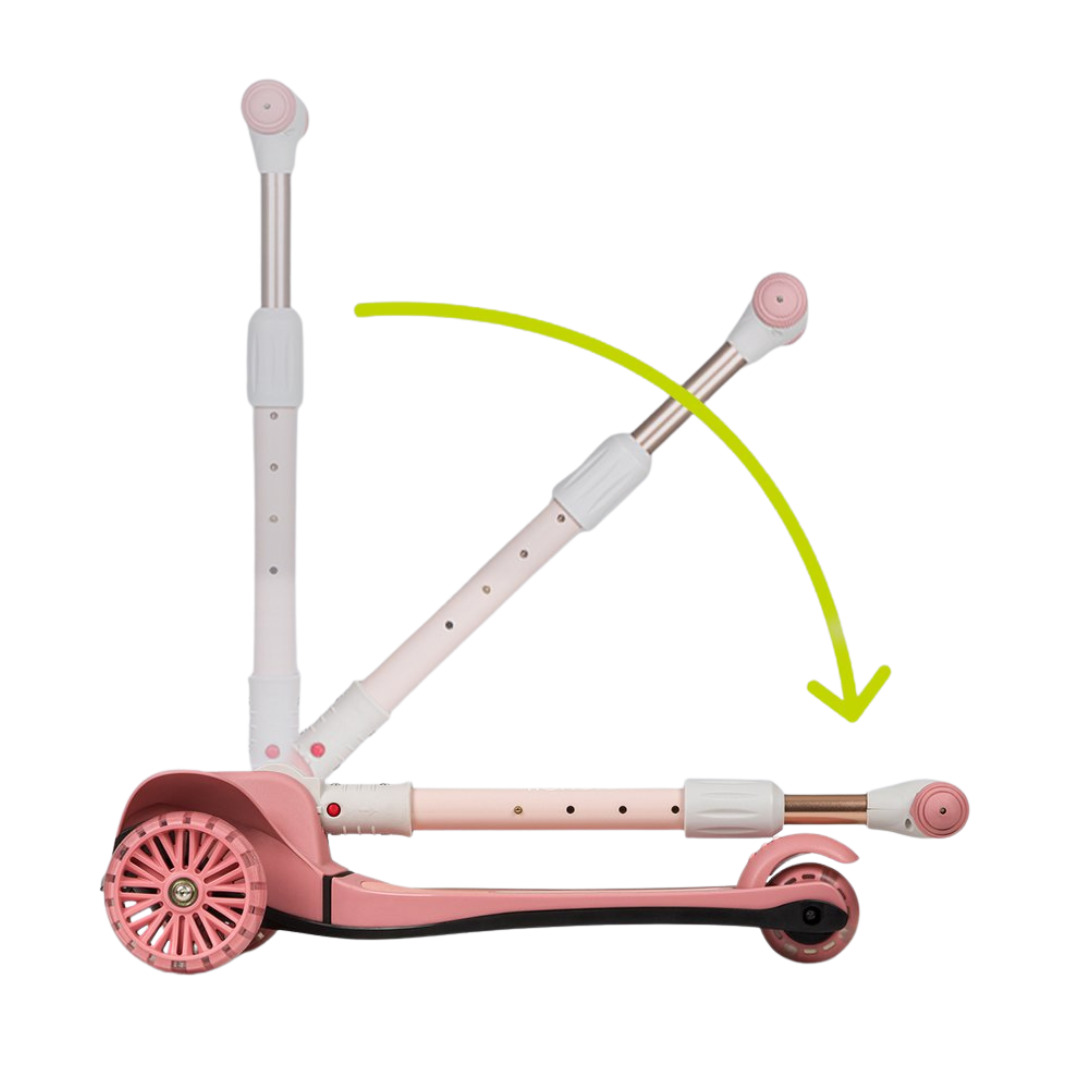 Trotinete dobrável rosa e branco em várias posições